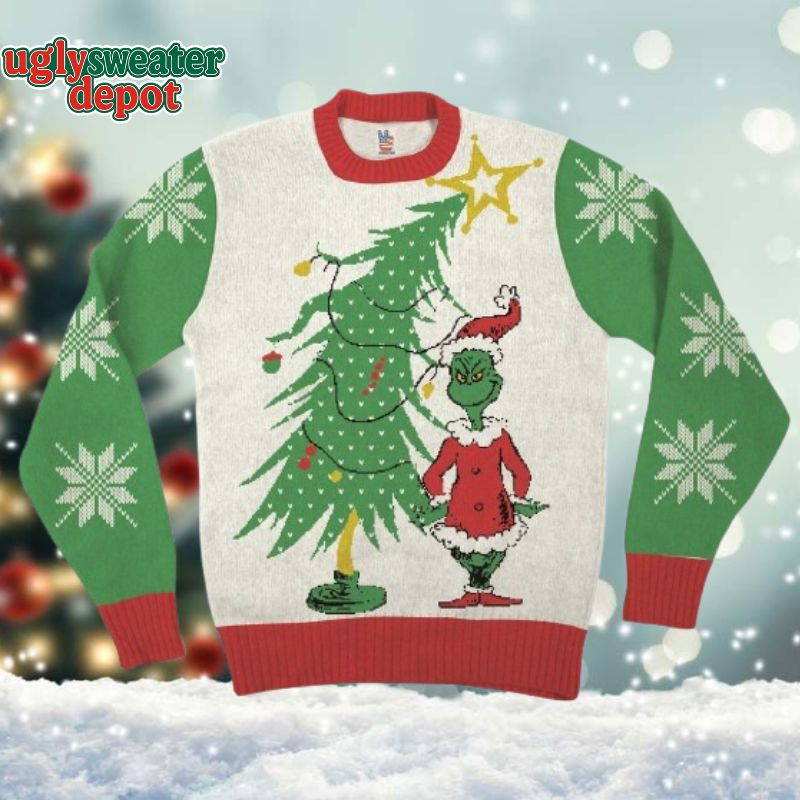 Dr. Seuss Grinch As Santa Next to Tree Adult Off White Ugly Christmas Sweater