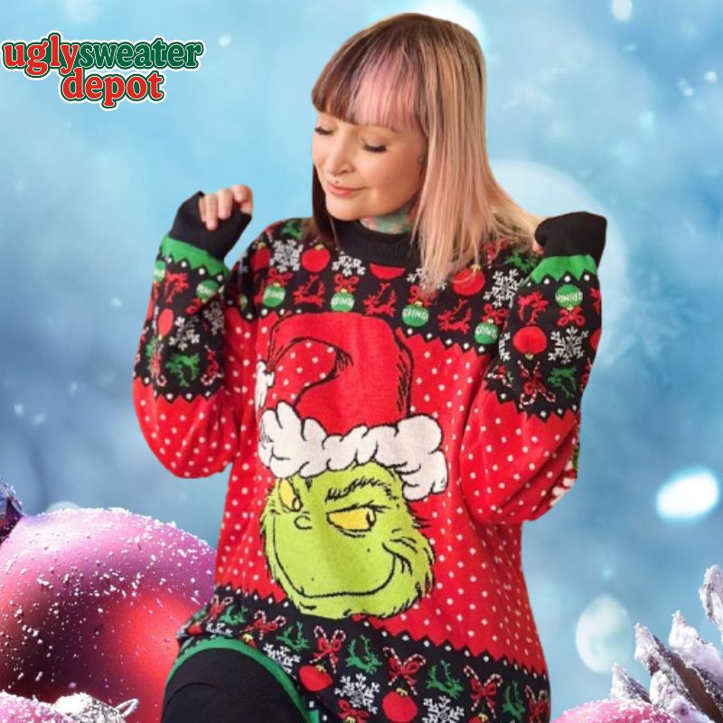 The Grinch Christmas Santa Hat Knitted Ugly Sweater