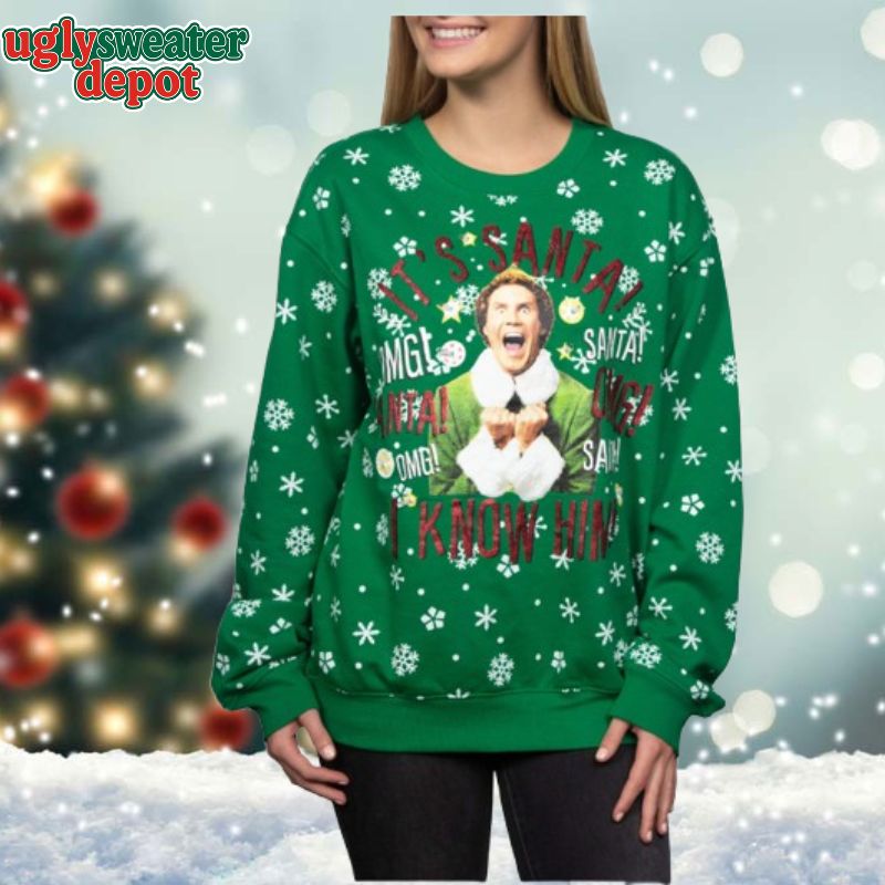 Buddy The Elf Santa I Know Him Snowflake Green Ugly Christmas Sweater