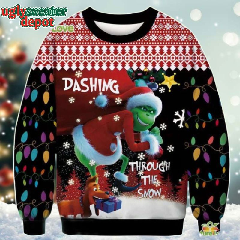 Dashing Though The Snow Santa Grinch Ugly Christmas Sweater