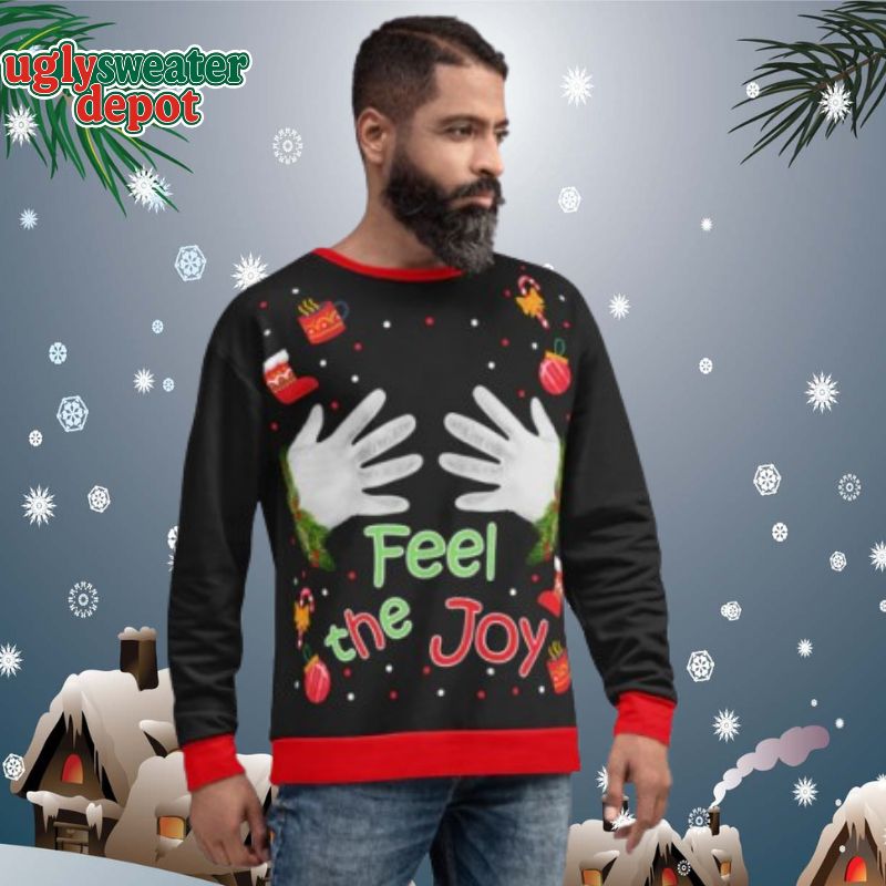 Feel The Joy Christmas Gift Black Theme Knitted Ugly Sweater