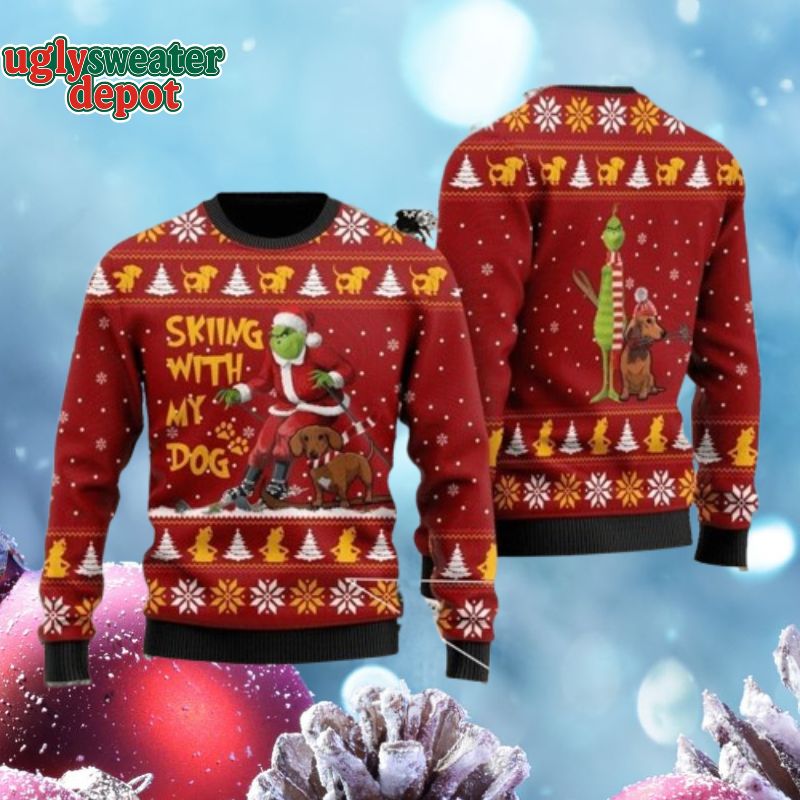 Grinch And Dachshund Skiing With My Dog Christmas Ugly Sweater