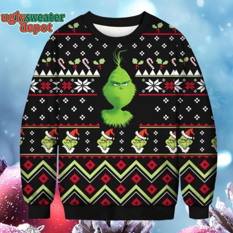 Grinch Green Dark Theme Ugly Christmas Sweater