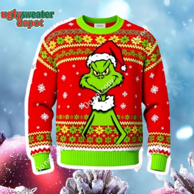 Grinch Smiling Santa Hat Trending Ugly Christmas Sweater