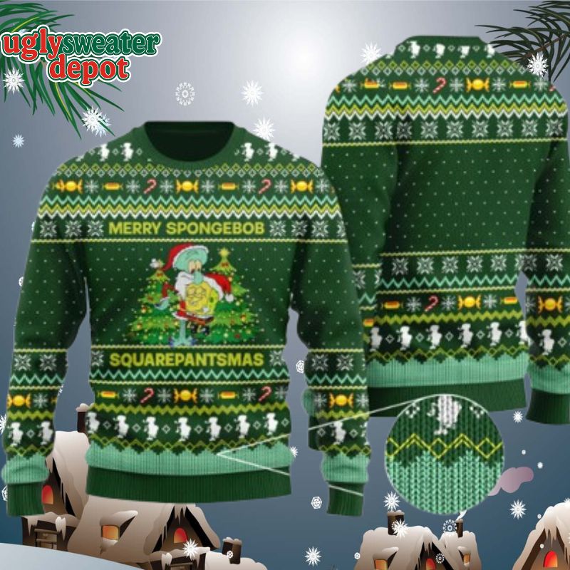 Merry SpongeBob SquarePantsmas Forest Green Ugly Christmas Sweater