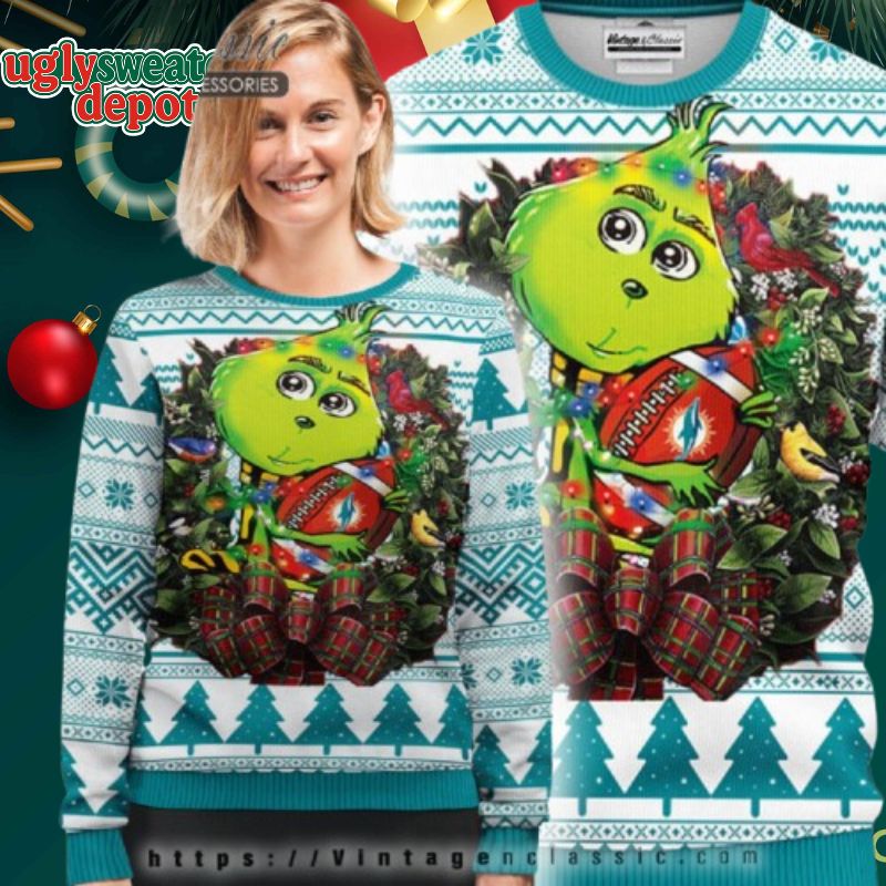 Miami Dolphins Grinch Hug The Ball Ugly Christmas Sweater