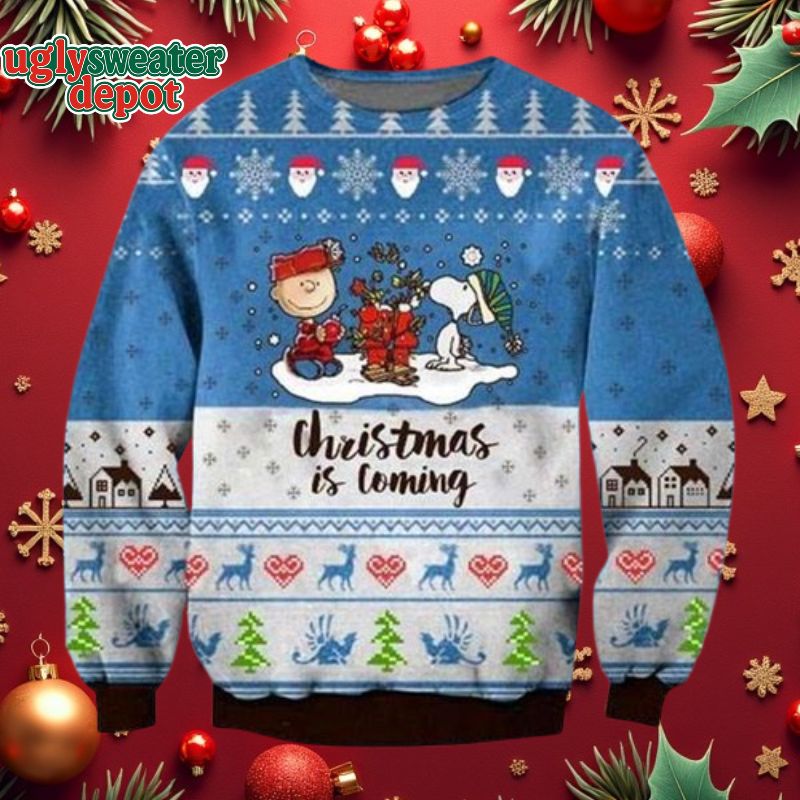 Peanuts Snoopy Christmas Is Coming Blue And White Ugly Christmas Sweater