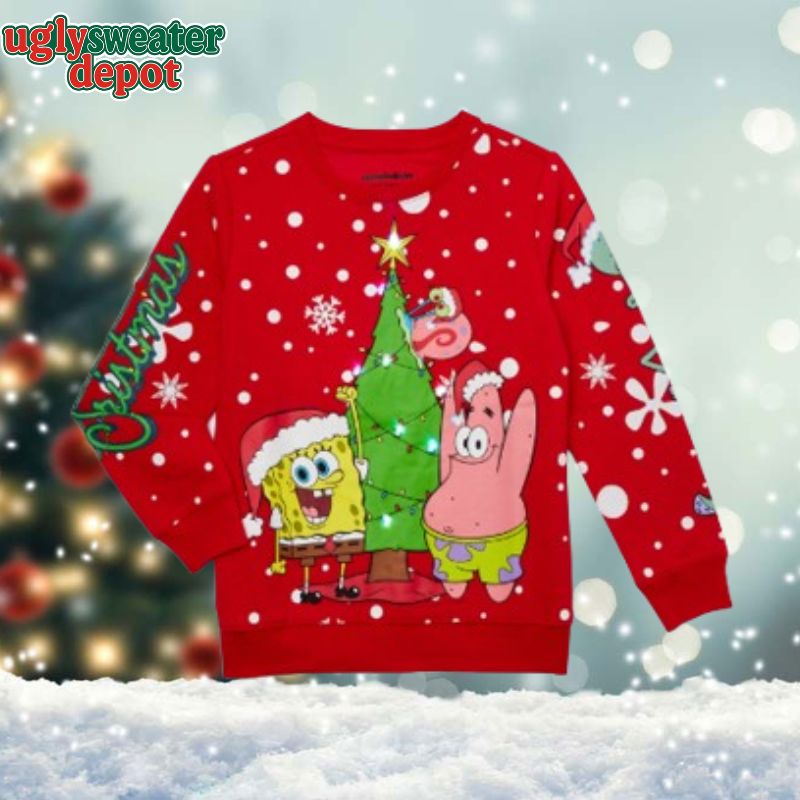 SpongeBob Boys Light Up Christmas Tree Ugly Christmas Holiday Sweater
