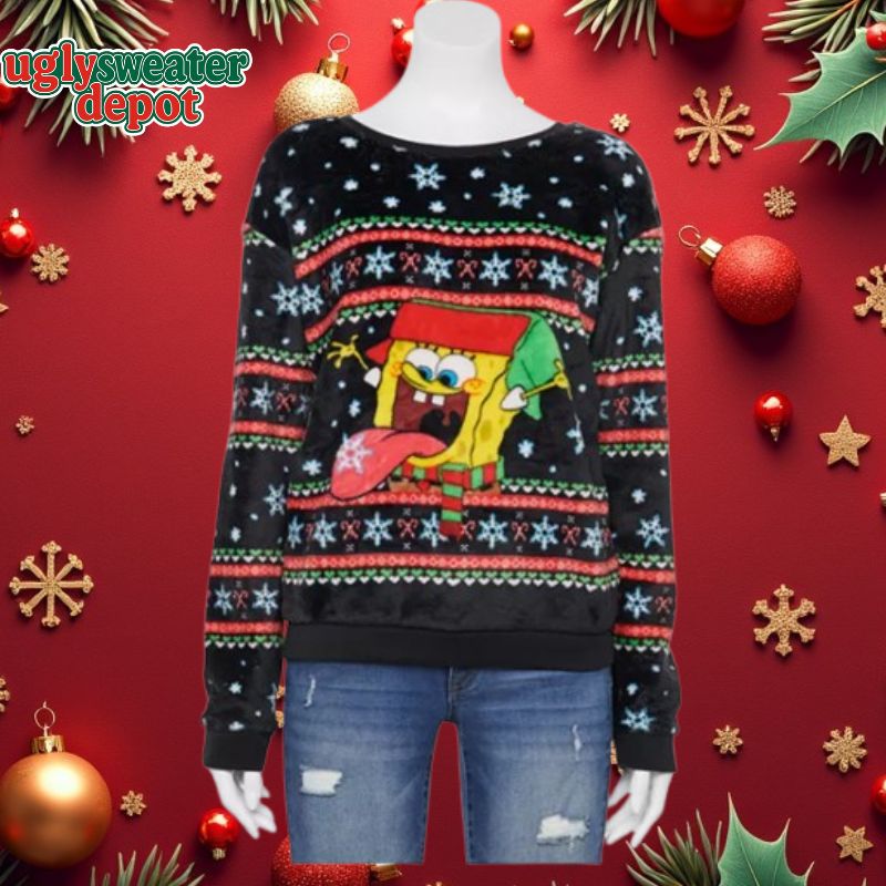 SpongeBob SquarePants Catching Snowflake Fuzzy Graphic Ugly Sweater