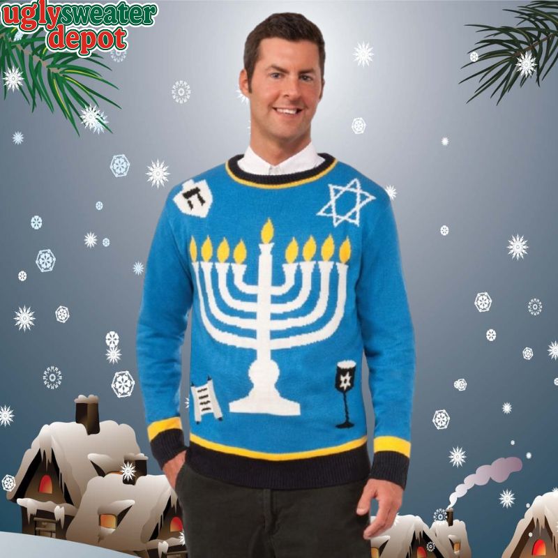 Adult Outrageous Menorah Blue Theme Ugly Hanukkah Sweater