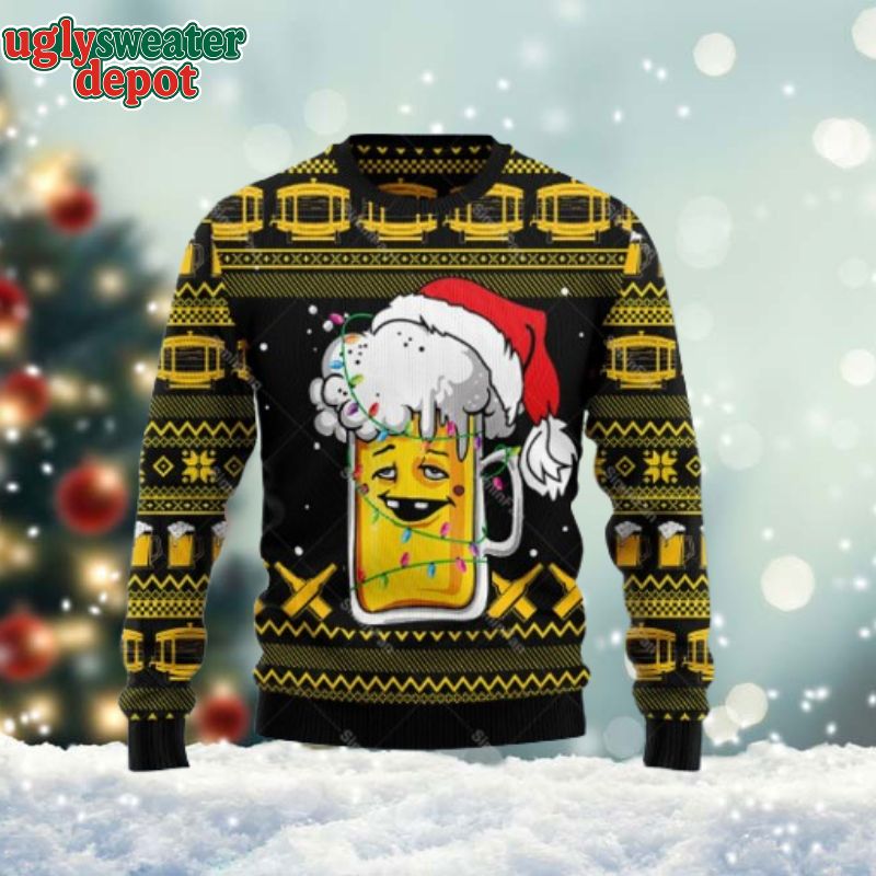 Funny Drunk Beer Cup Santa Hat Ugly Christmas Sweater Beer Ugly Sweater