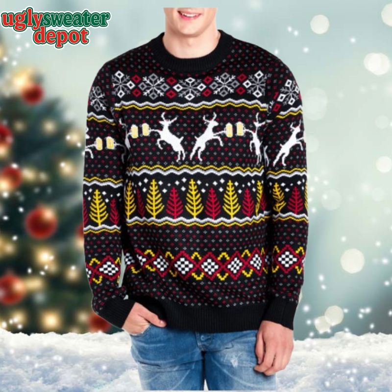 Funny Reindeer Cheering Beer Ugly Christmas Sweater