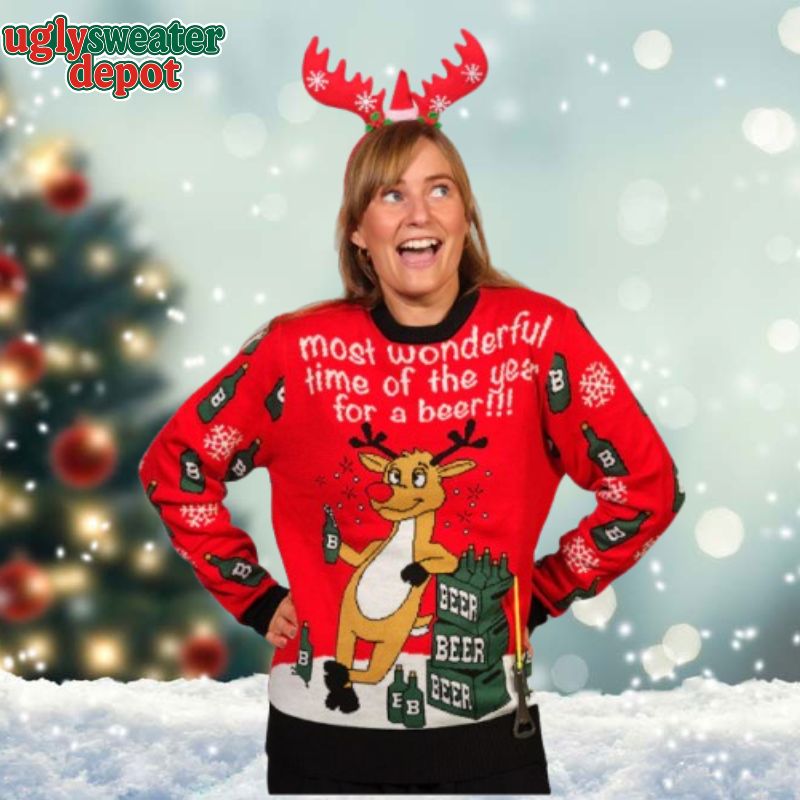 Funny Reindeer Wonderful Time For a Beer Ugly Sweater