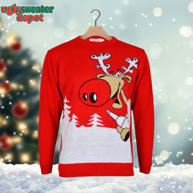 Funny Smiling Reindeer with Beer Christmas Sweater