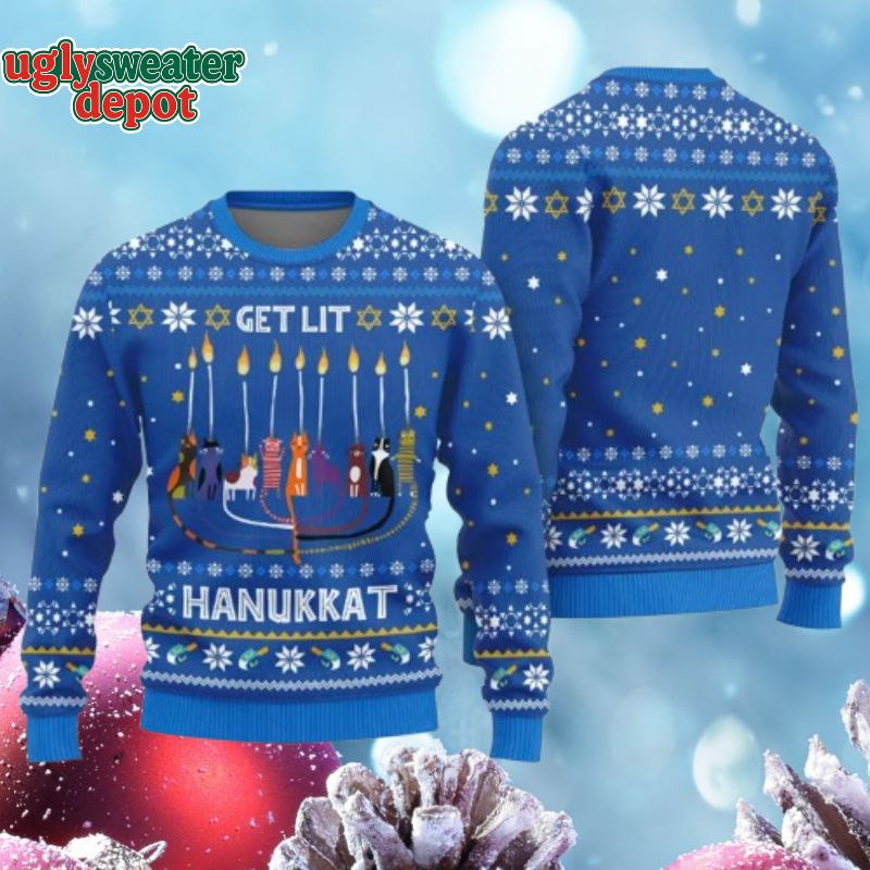Get Lit Hanukkah Funny Cats Ugly Holiday Sweater
