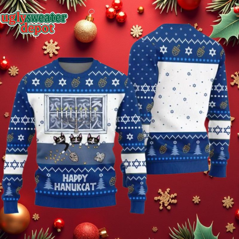 Happy Hanukcat Jewish Cat Ugly Sweater