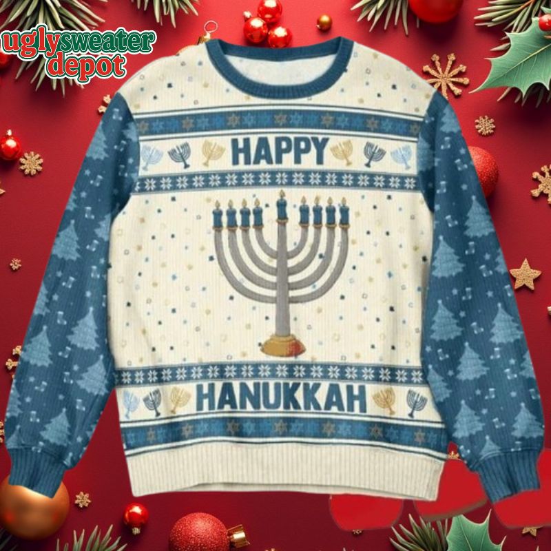 Happy Hanukkah Menorah Pine Tree Christmas Ugly Sweater