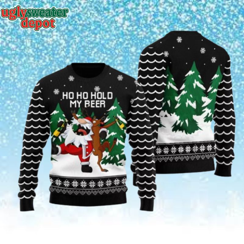 Hold My Beer Drunken Santa And Reindeer Ugly Christmas Sweater