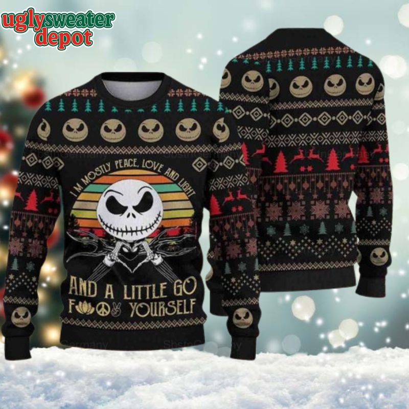 I Am Mostly Peace Love And Light Jack Skellington Nightmare Before Christmas Ugly Sweater