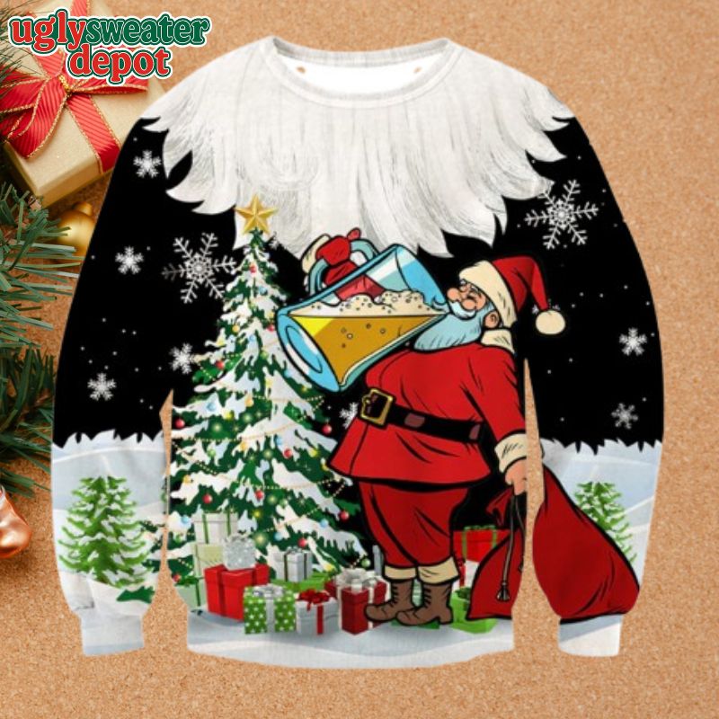 Santa Claus Drink Beer Giant Cup Ugly Christmas Sweater