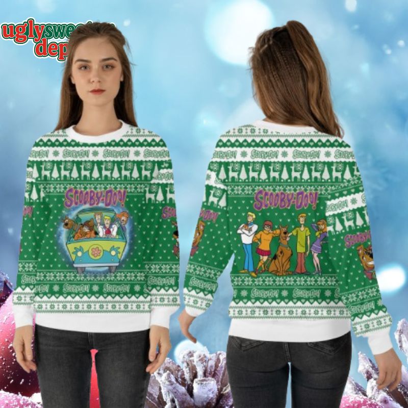 Scooby-Doo Family On Car Green Theme Ugly Christmas Sweater