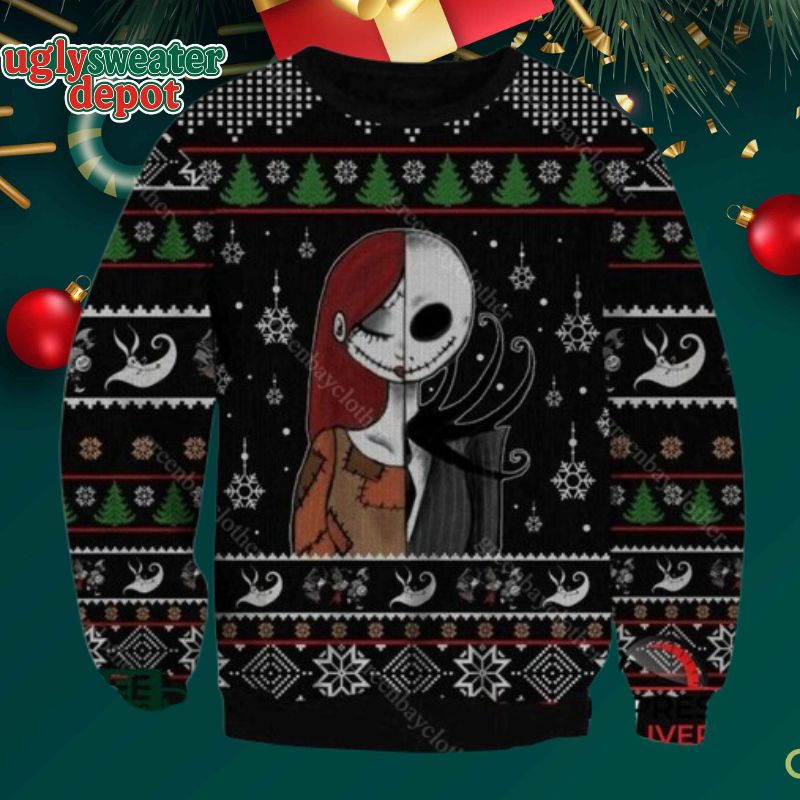 The Nightmare Before Christmas Jack Skellington And Sally Half Face Ugly Sweater
