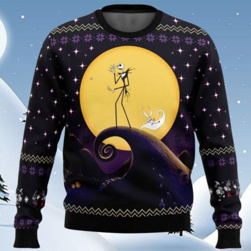 The Nightmare Before Christmas Jack Skellington And Zero On Spiral Hill  Ugly Sweater