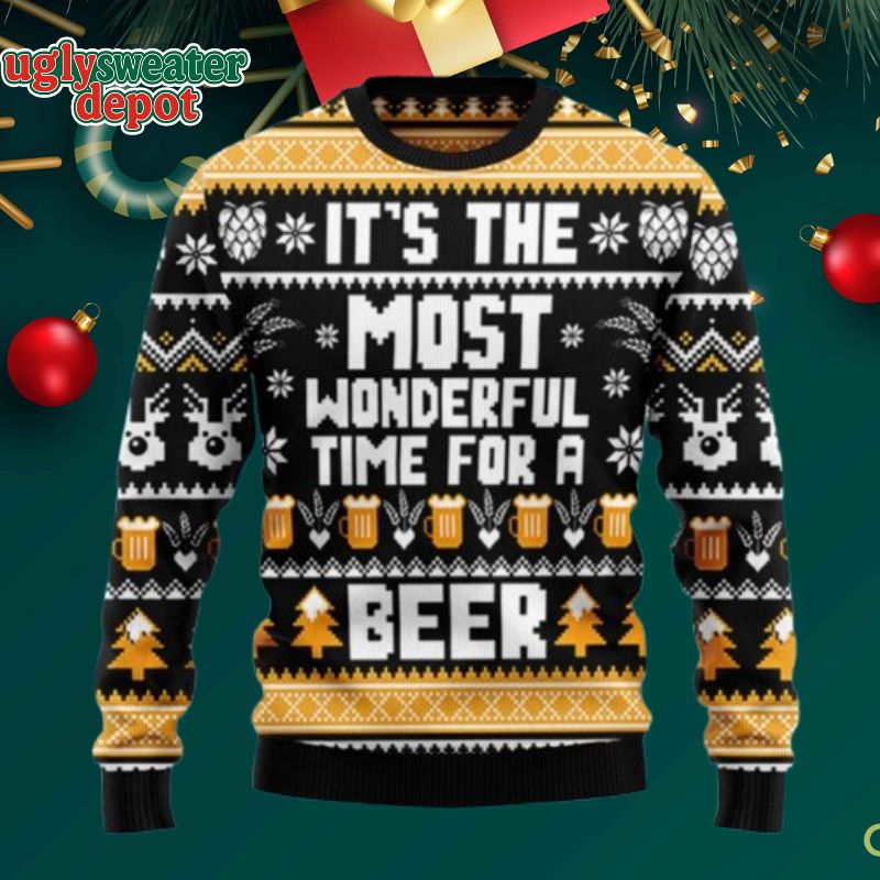 Wonderful Time For A Beer Pine Tree Icon Ugly Christmas Sweater