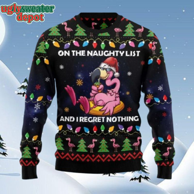 Flamingo On The Naughty List Funny Ugly Christmas Sweater