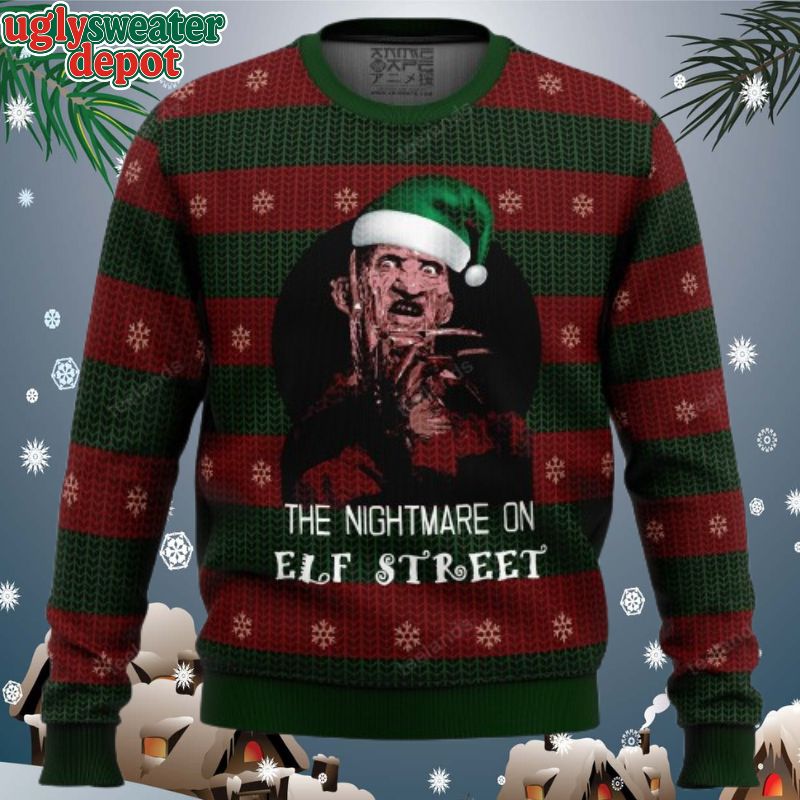 The Nightmare on Elf Street Freddy Krueger Green Santa Hat Ugly Christmas Sweater