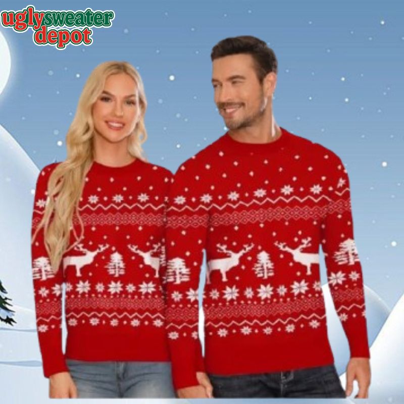 Christmas Sweet Couple Reindeer Snowflake Ugly Knitted Christmas Sweater