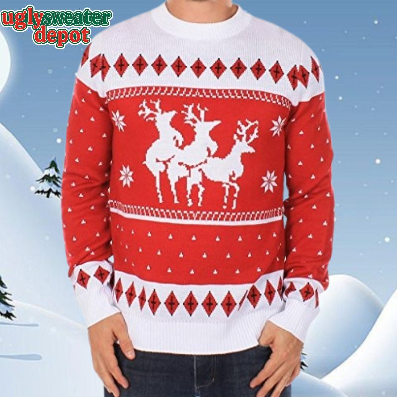Naughty Tripple Reindeer Christmas Knitted Ugly Sweater