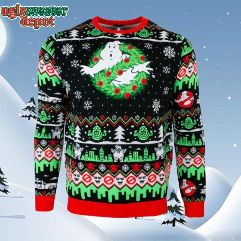 Ghostbusters Christmas Wreath Green Ugly Christmas Sweater