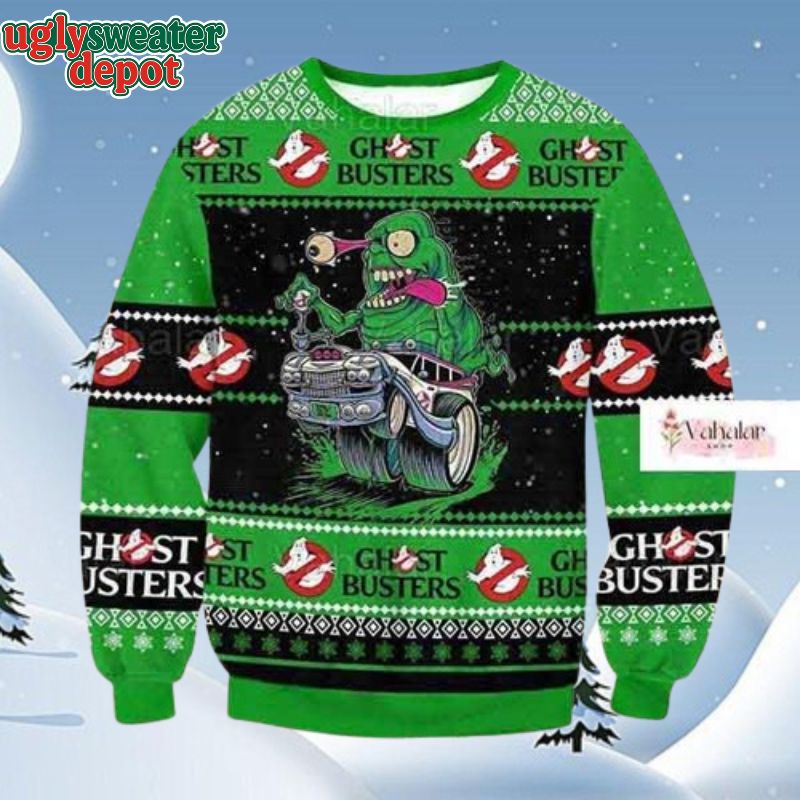 Ghostbusters Slimer Driving Car Christmas Ugly Sweater