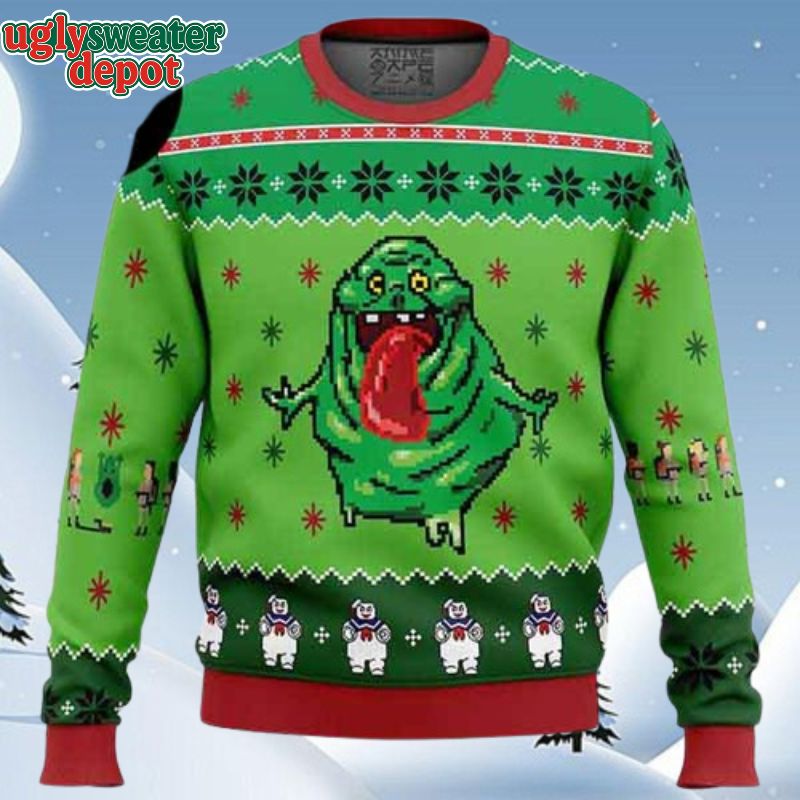 Ghostbusters Slimer Green Theme Snowflakes Ugly Christmas Sweater