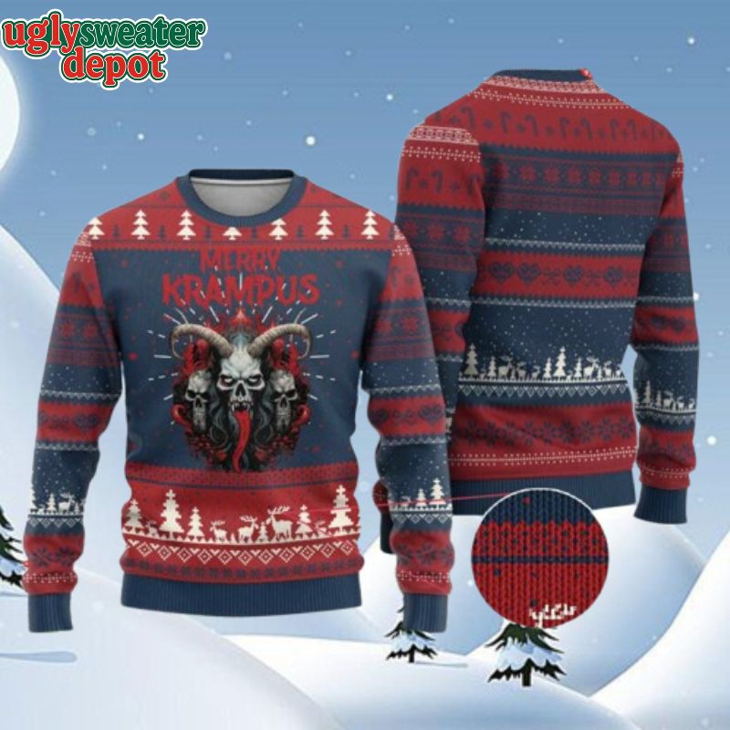 Merry Krampus Horror Hell Skull Knitted Ugly Christmas Sweater