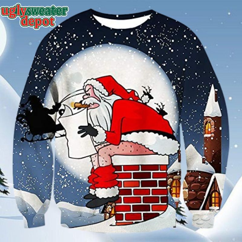Naughty Santa On Chimney And Reading Gift List Christmas Ugly Sweater