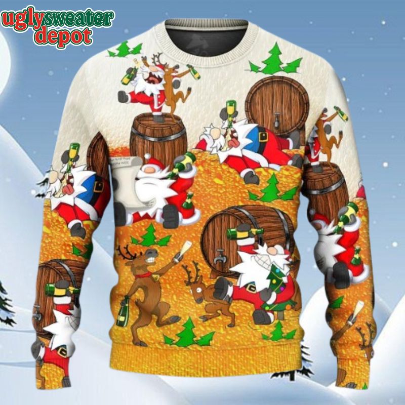 Santa Claus And Reindeer Drunk Beer Happy Xmas Ugly Christmas Sweater