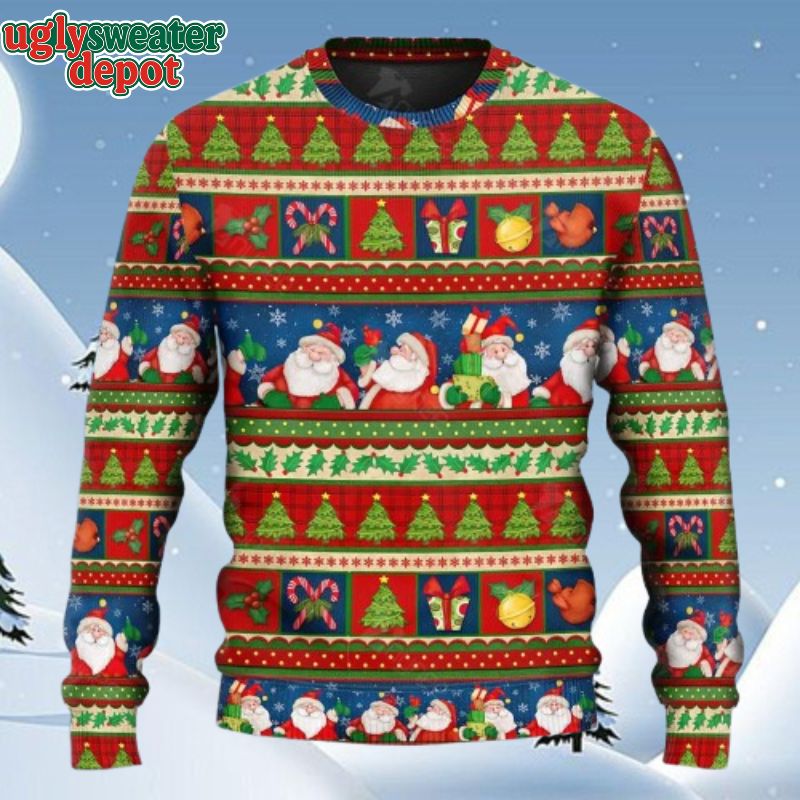Santa Claus Happy Xmas Square Pattern Ugly Christmas Sweater