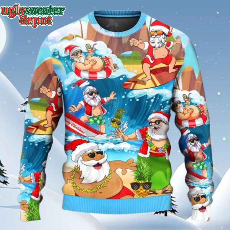 Santa Claus Surfing On The Beach Mele Kalikimaka Ugly Christmas Sweater
