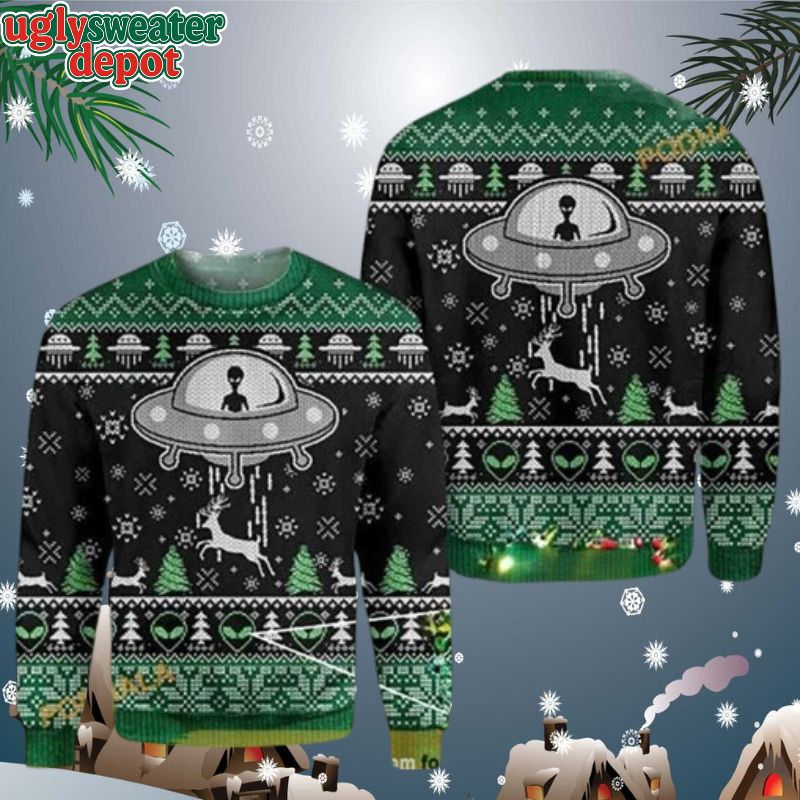 Alien Catching Reindeer Funny Ugly Christmas Sweater