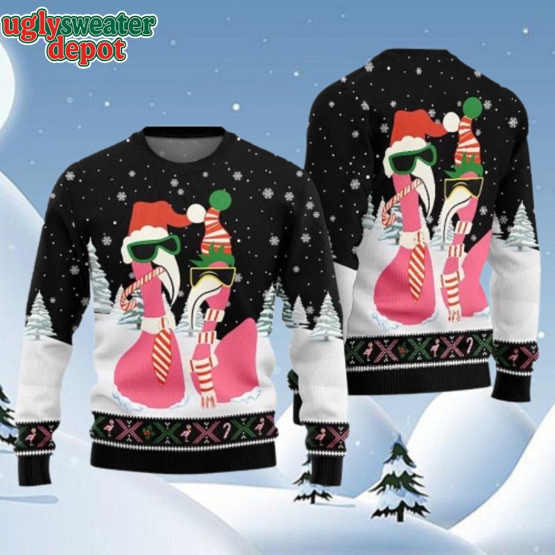 Cool Couple Flamingo Candy Cane Ugly Christmas Sweater