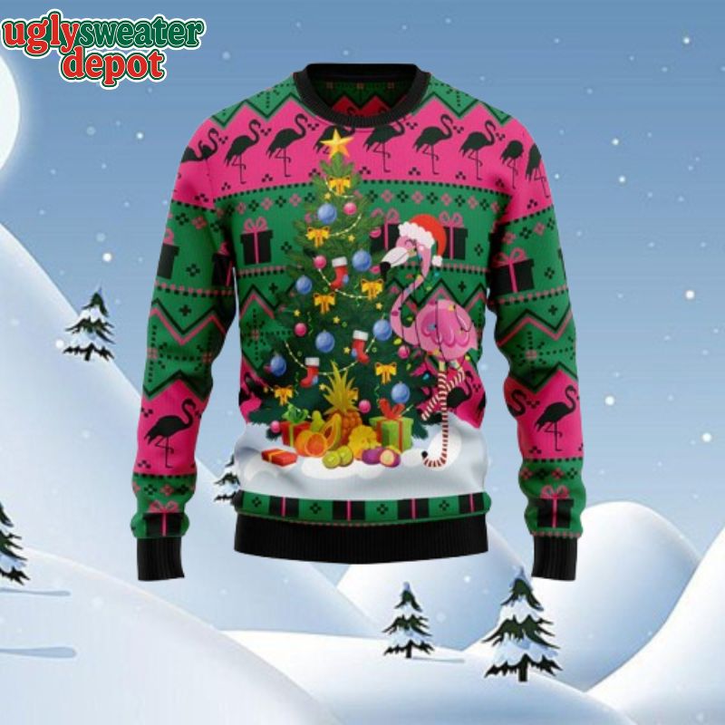 Flamingo Christmas Decoration With Pine Tree Ugly Christmas Sweater