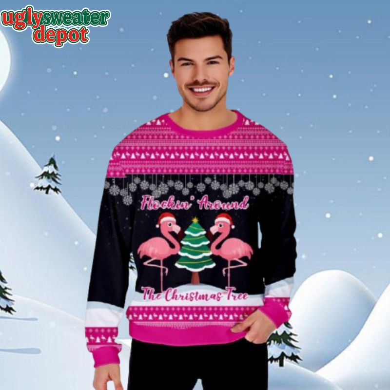 Flamingo Flockin’ Around The Christmas Tree Ugly Christmas Sweater