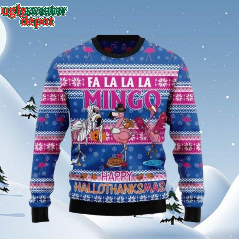 Happy Hallotthanksmas Flamingo Ugly Christmas Sweater