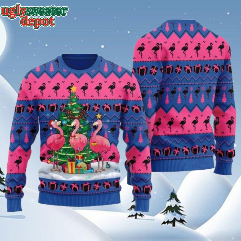 Merry Christmas Flamingo Pine Tree Decoration Ugly Sweater