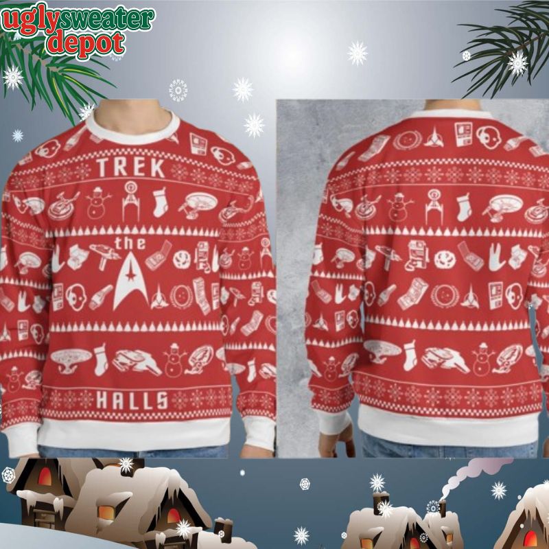 Trekk The Halls Star Trek Red Theme Ugly Christmas Sweater