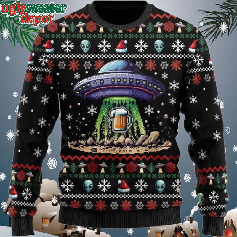 UFO Funny Alien Catching Beer Ugly Christmas Sweater