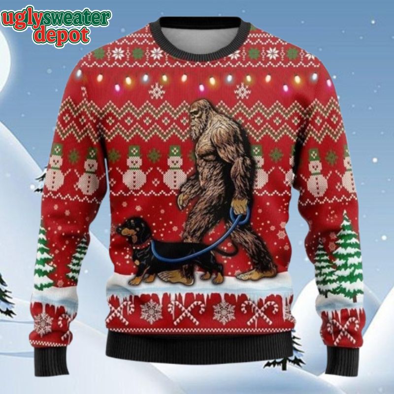 Bigfoot Goes To Spend Christmas With Rottweiler Ugly Christmas Sweater