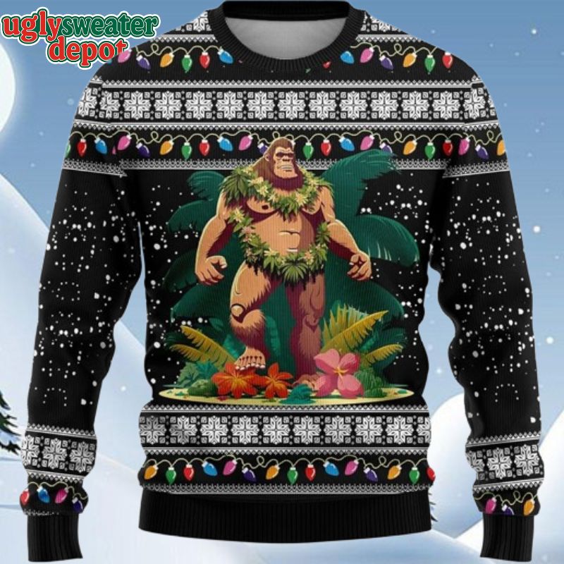 Bigfoot Hula Tropical Forest Ugly Christmas Sweaters